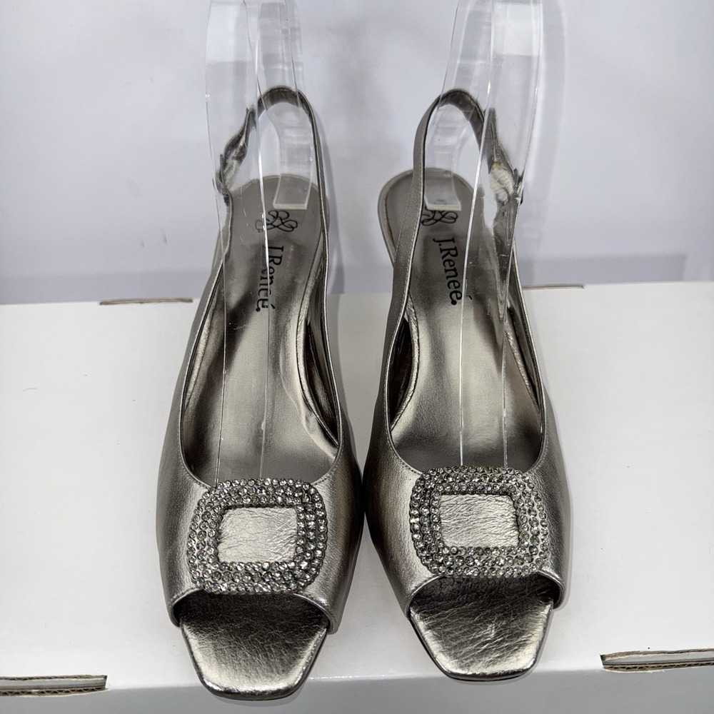 J. Renee Classic Silver Peep Toe Silver Metallic Slingback Kitten Heels Size 7 N - Picture 2 of 16